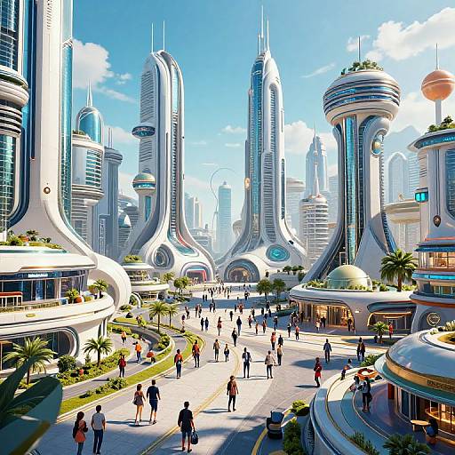 Digital artwork of a futuristic cityscape with sleek, curved skyscrapers, diverse pedestrians, palm trees, and bright blue sky. Urban, vibrant,