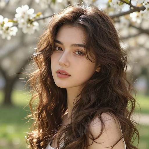 Photograph of a young woman with long, wavy brown hair, light olive skin, and soft brown eyes, standing in a sunlit, blo
