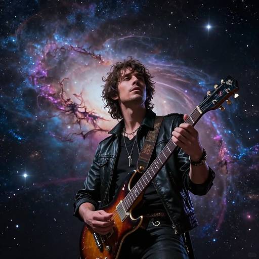 Photograph of a curly-haired, dark-haired man in a black leather jacket, playing a sunburst electric guitar against a vibrant, cosmic galaxy background with