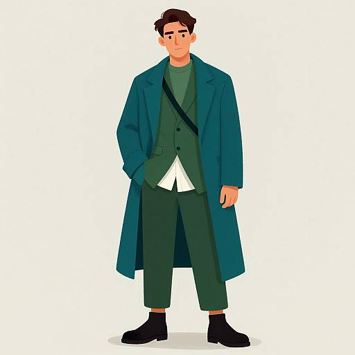 Digital illustration of a man with dark brown hair, wearing a teal overcoat, green vest, white shirt, black pants, and black boots, with