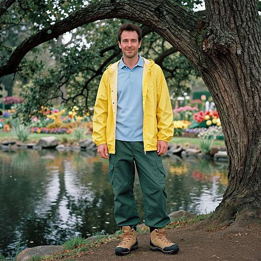 Photograph of a man with short brown hair, light blue polo, yellow jacket, green pants, and tan boots, standing by a curved tree in