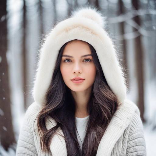 Young Woman in White Fur Hooded Coat in Snowy Forest