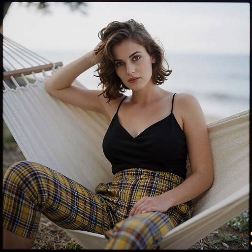 Photograph of a young woman with wavy brown hair, wearing a black spaghetti-strap top and yellow plaid pants, sitting in a white hamm