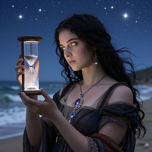 Photograph-style digital art: Pale, long-haired woman with glowing green eyes holds illuminated hourglass, wearing silver necklace and dark, flowing robe, under