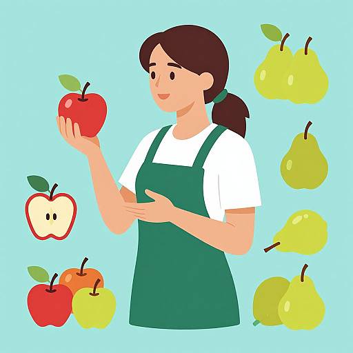 Digital illustration of a smiling woman with brown hair in a green apron and white shirt, holding a red apple, surrounded by various colorful pears and