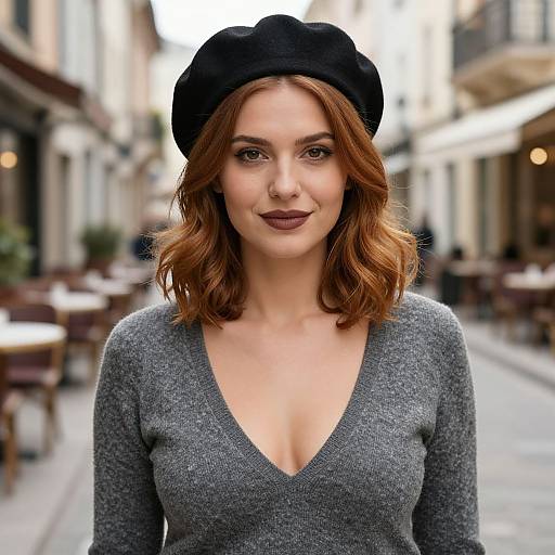 Photograph of a fair-skinned woman with wavy auburn hair, wearing a black beret, grey V-neck sweater, and dark lipstick