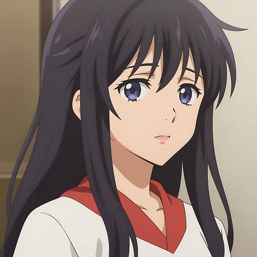 Anime-style digital drawing of a young woman with long black hair, blue eyes, and a white shirt with a red collar, looking slightly to the side