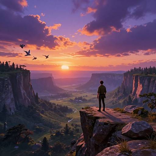 Digital artwork of a lone man standing on a cliff at sunset, overlooking a majestic, purple-hued valley with flying birds.