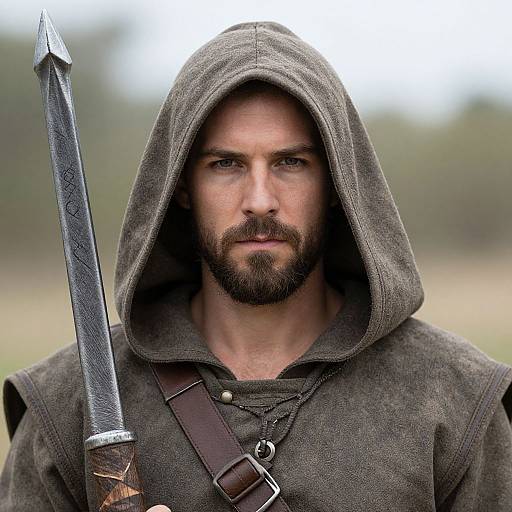 Photograph of a bearded man with intense blue eyes, wearing a dark brown hooded cloak, holding a sword with a metal tip. Blurred