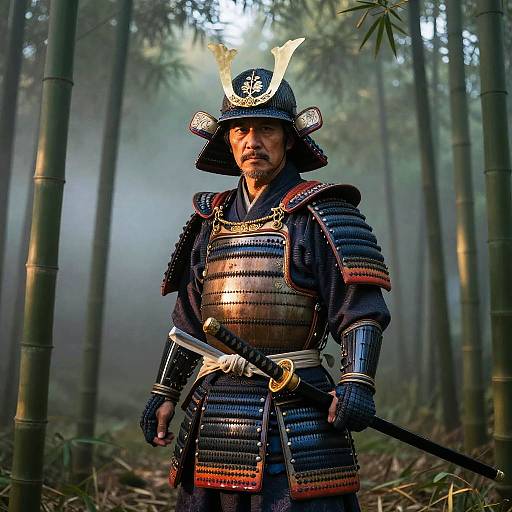 Photograph of a serious, middle-aged Japanese samurai warrior in detailed black armor with gold accents, standing in a misty bamboo forest, holding a