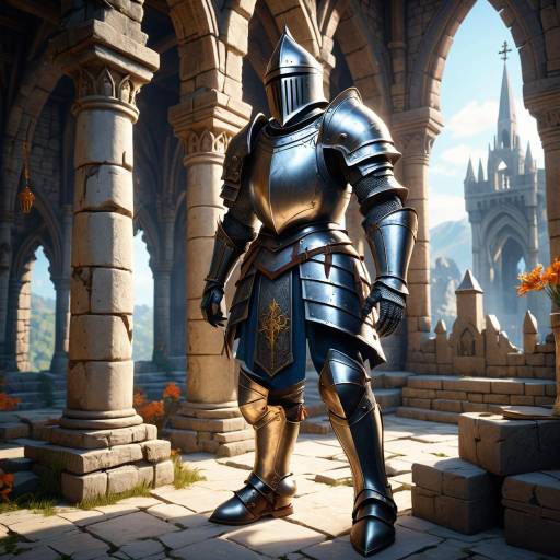 Medieval Knight in Full Armor in Castle Courtyard