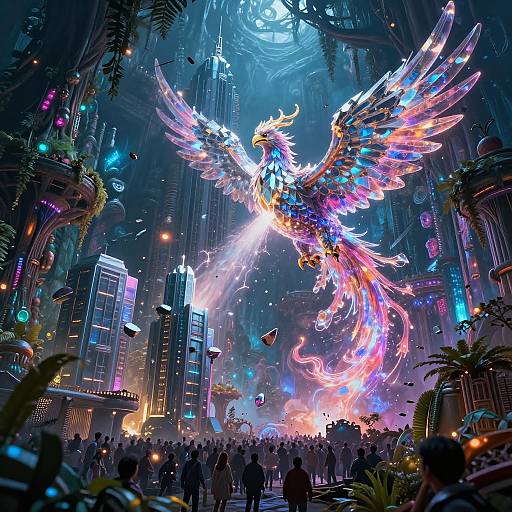Digital art of a futuristic cityscape with a radiant, multicolored phoenix soaring above a crowd, surrounded by neon lights and towering buildings.