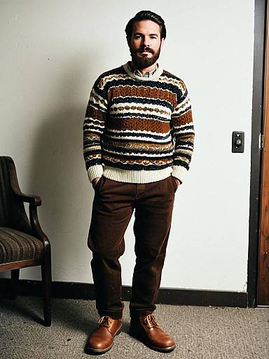 Photograph of a bearded man with dark hair, wearing a striped sweater, brown pants, and brown shoes, standing in a carpeted room with