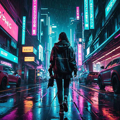 Cyberpunk Woman Walking in Neon City