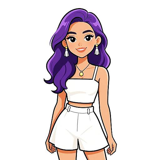 Digital anime-style drawing of a smiling woman with long purple hair, wearing a white crop top and high-waisted shorts, adorned with gold earrings and