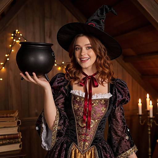 Regal Witch Costume in Candlelit Attic