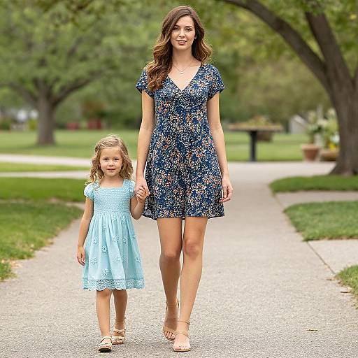Photograph of a woman with wavy brown hair in a blue floral dress, holding hands with a blonde girl in a light blue dress, walking on