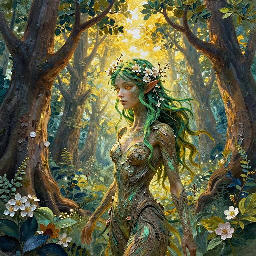 Digital fantasy artwork of a green-haired fairy woman with a flower crown, wearing a leafy, organic dress, in a sunlit forest.