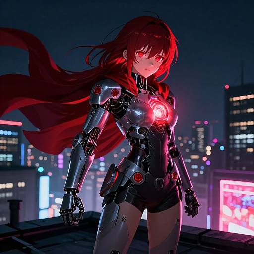 Digital anime-style artwork of a red-haired, glowing-eyed, cybernetic woman in a black, red-lit bodysuit with a red cape