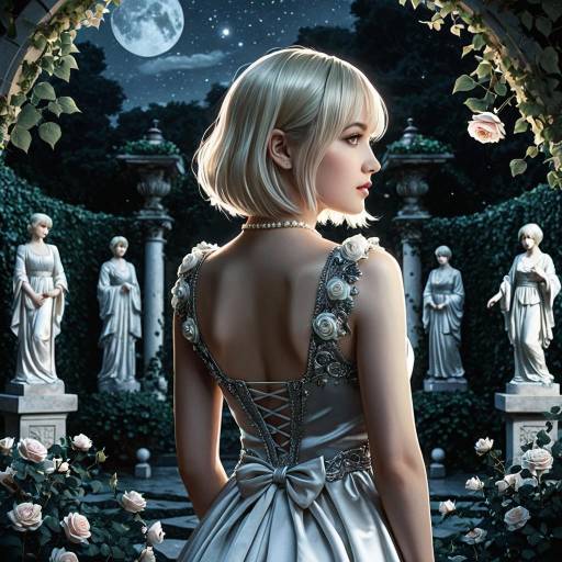 Anime Woman in Silver Dress in Moonlit Rose Garden