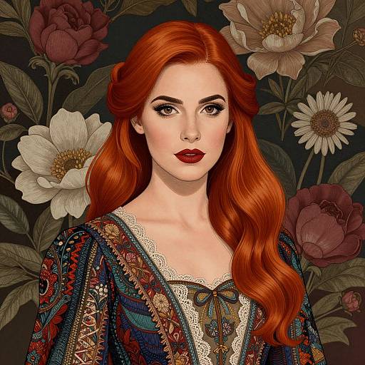 Digital illustration of a fair-skinned woman with long, wavy red hair, wearing a detailed, patterned dress, against a dark floral background.