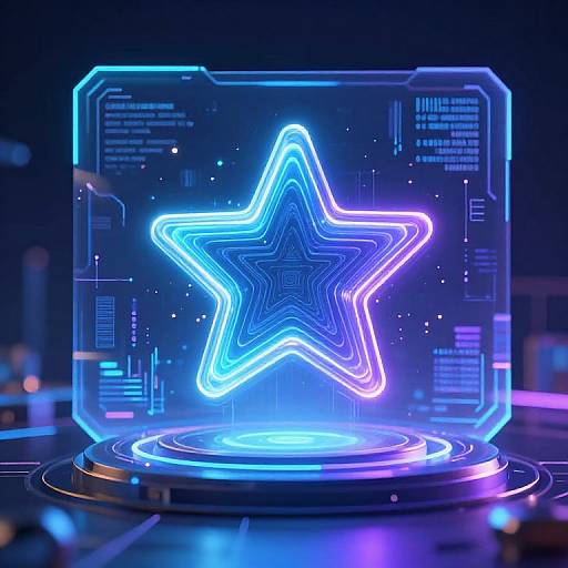 Neon blue and purple glowing star inside a futuristic, transparent, tech-themed box with digital circuits and holographic effects.