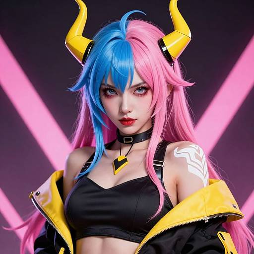 Digital art of a pink-haired, blue-haired woman with yellow horns, black choker, black bra, yellow jacket, and white tattoo, set against