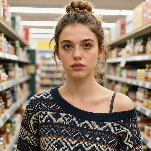 Photograph of a young woman with fair skin, brown hair in a bun, wearing a navy patterned off-shoulder sweater, standing in a