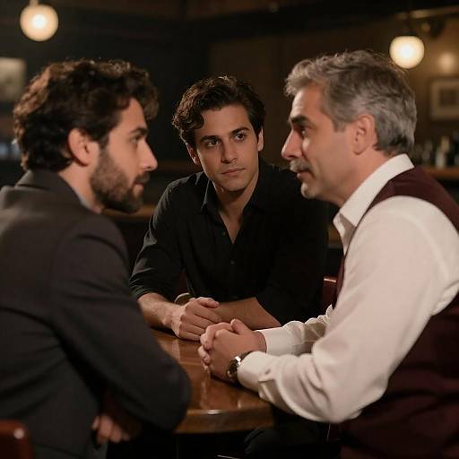 Three Men in a Dimly Lit Bar