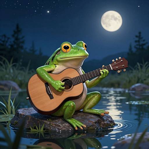 CGI image of a green frog with orange eyes playing an acoustic guitar on a rock in a moonlit pond.