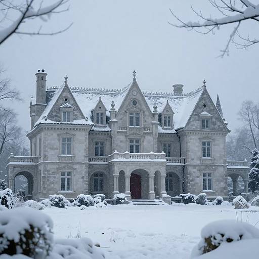 Photograph of a snow-covered, Gothic-style mansion with arched windows, tall chimneys, and intricate stone carvings, set in a winter
