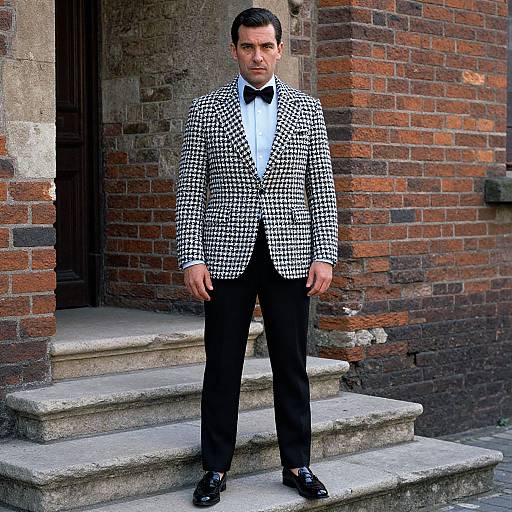 Photograph of a man in a black and white houndstooth blazer, black bow tie, and black pants, standing on stone steps in