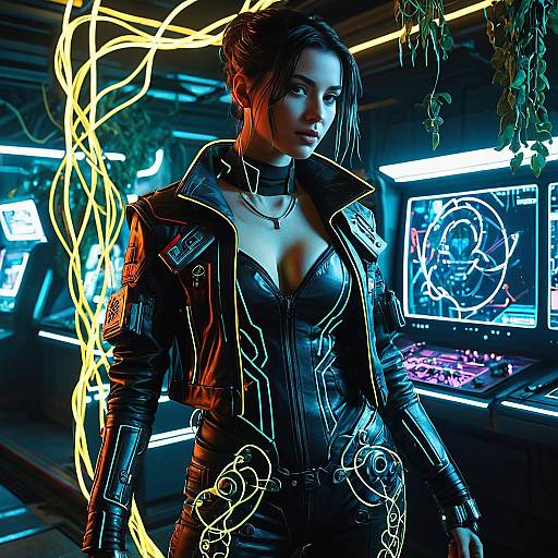Cyberpunk Woman in Neon Leather Outfit