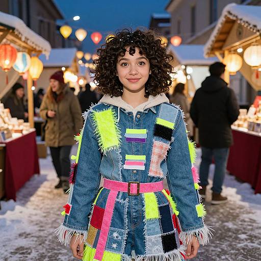 Photograph of a curly-haired woman in a colorful, patchwork denim dress with neon accents, standing in a snowy Christmas market with glowing lanterns and