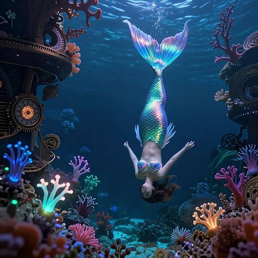Digital illustration of a shimmering blue-green mermaid with a glowing tail, floating upside down in a vibrant, bioluminescent underwater coral reef.
