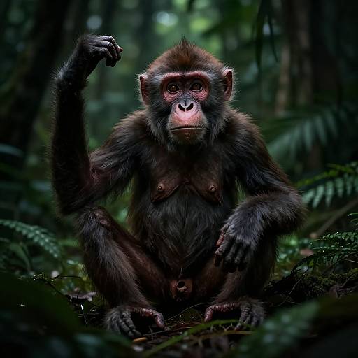 Photorealistic digital artwork of a young female chimpanzee with dark fur, pink face, and small breasts, sitting in a dense, dark forest,