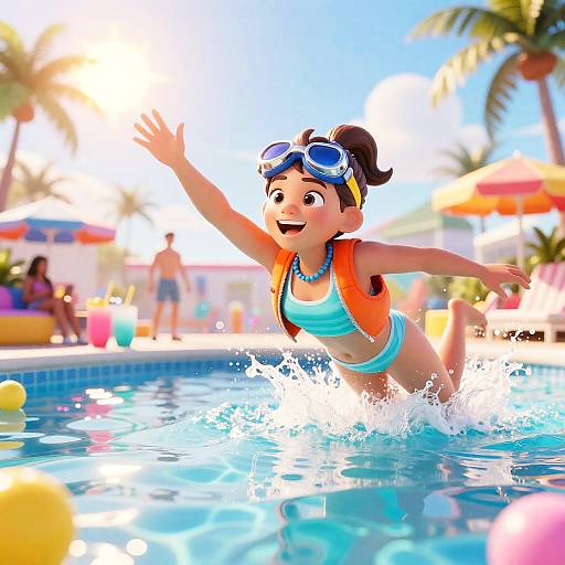 Energetic Girl Diving into Pool at Retro Pool Party