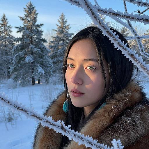 Photograph of a young woman with green eyes, black hair, and fair skin, wearing a fur coat, standing in a snowy forest, framed by