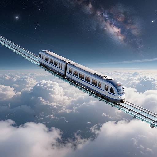 Digital artwork of a sleek, white, modern train soaring through a starry sky above fluffy clouds, with the Milky Way visible.