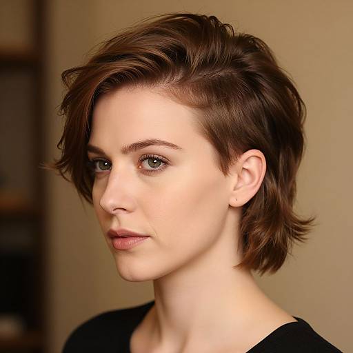 Photograph of a fair-skinned woman with short, layered brown hair, green eyes, and subtle makeup, wearing a black top, against a beige
