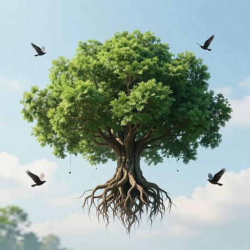 Photorealistic digital image of a floating tree with lush green leaves and exposed roots, surrounded by four flying black birds against a bright blue sky with scattered