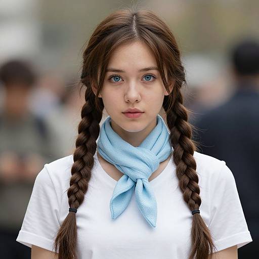Photograph of a young Asian girl with blue eyes, brown braided hair, white shirt, and light blue scarf, standing outdoors.
