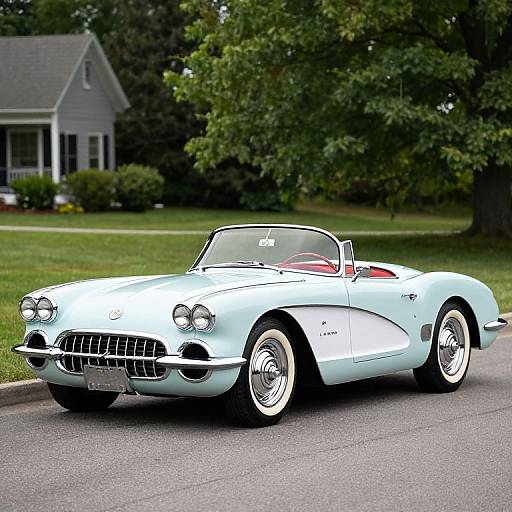 Photograph of a mint-green classic convertible car with white-walled tires, parked on a suburban street with a tree-lined background and a gray house in