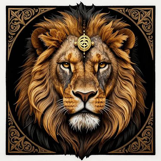 Digital art of a majestic lion with detailed orange-brown mane, gold medallion on forehead, intense gaze, framed by ornate black borders.