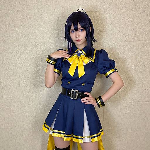 Photograph of an Asian woman in a black and yellow anime-style cosplay outfit, standing against a textured beige wall, with black hair and yellow ribbon accent