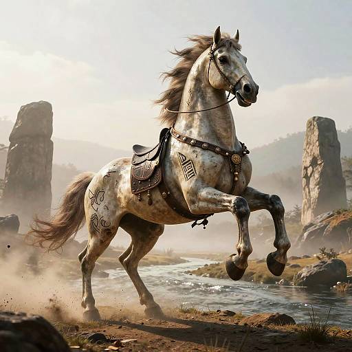 Digital artwork of a powerful, white-and-gray dappled horse with intricate tribal tattoos, rearing on hind legs in a misty, rocky river