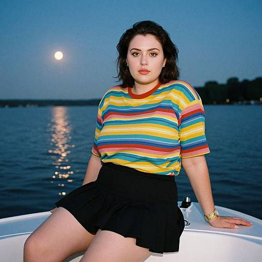 Photograph of a curvy woman with medium skin tone, dark hair, wearing a colorful striped shirt and black skirt, sitting on a boat at dusk