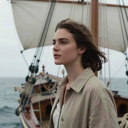 Contemplative Woman on Vintage Sailing Ship