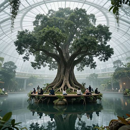Photograph of a massive, central tree with sprawling branches, surrounded by people sitting on a floating platform in a misty, glass-domed conservatory
