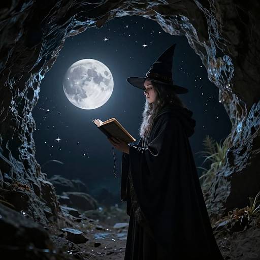 Photograph of a mysterious witch with long white beard and black hat, reading a book in a moonlit cave, surrounded by starry night sky.